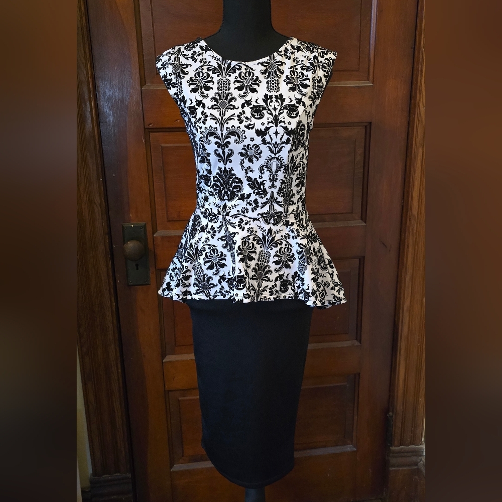 iris Black and White Damask Pencil Skirt with Peplum Dress